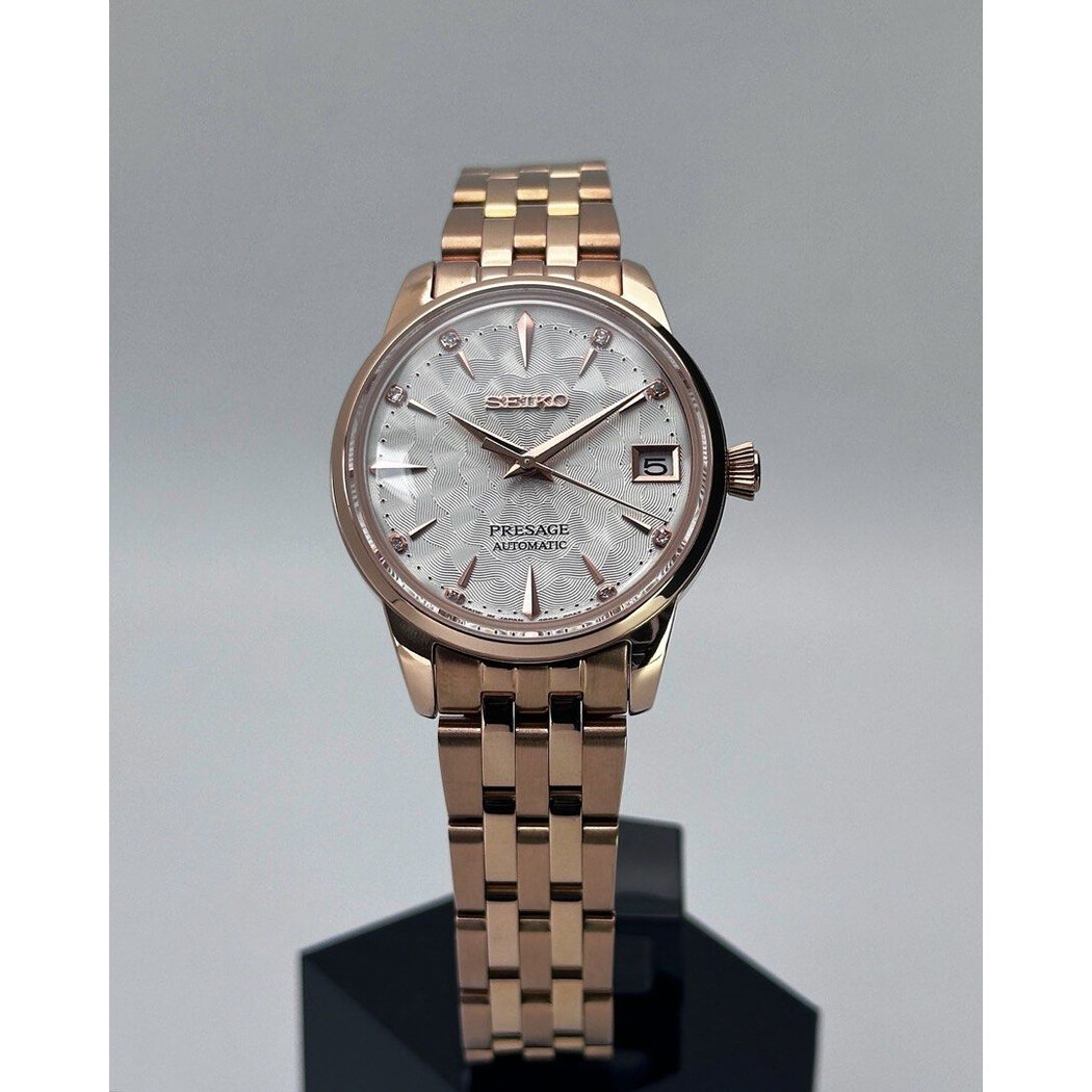 Custom Seiko Mod • White Rose Gold Diamond Sakura Presage on Bracelet • 33mm